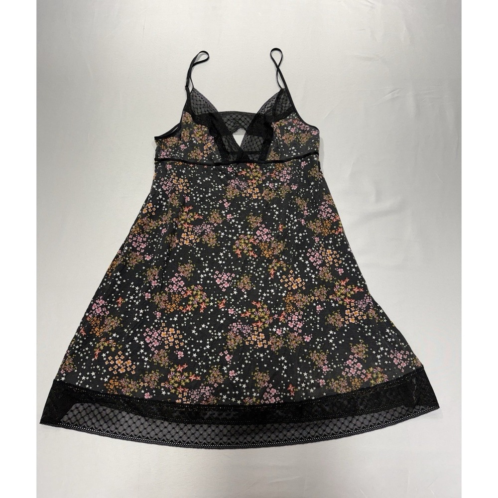 Victoria's Secret M Black Mesh Chemise Floral Stars Lace V-Neck Adjustable